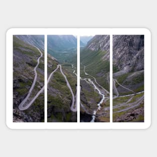 Wonderful landscapes in Norway. Vestland. Beautiful scenery of Trollstigen winding roads and valley on the Geiranger Trollstigen scenic route at midnight sun. Snowed mountains, stream Sticker